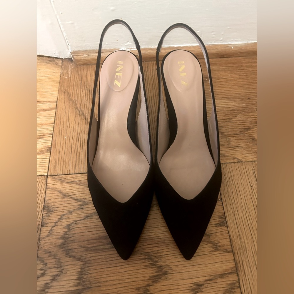 Black suede slingback heels size 7.5, worn once